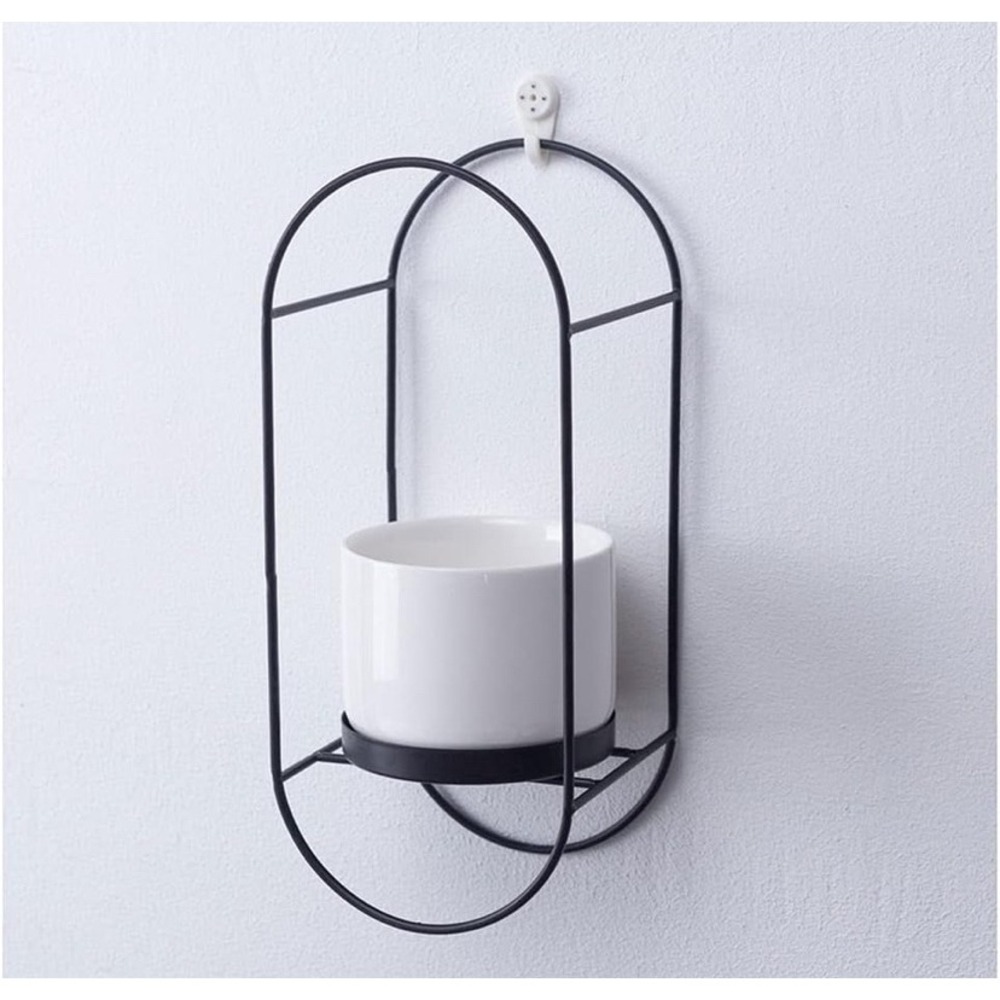 Wall Hanging Planter Black Metal Frame with White Ceramic Pot Flower Holder‎